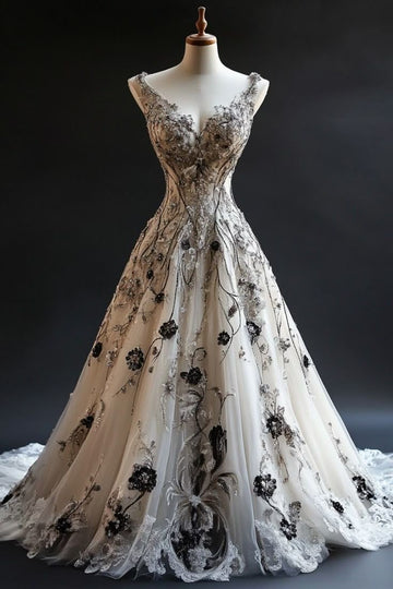 Niulatu V-neck A-Line Tulle Long Prom Dresses Tulle Beaded Applique White Quincea?era Dresses 2025 Halloween Dress HZ1026
